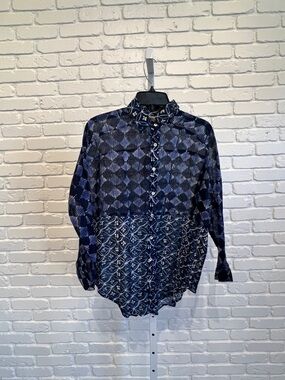 Women's Navy Patterned Button-Up Shirt - Dolma Blair Button Shirt in Navy
